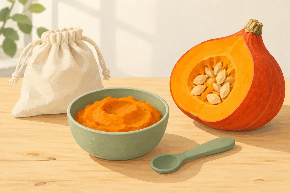 Schale mit orangefarbenem Kürbisbrei, Silikonlöffel und eine Hälfte Hokkaido