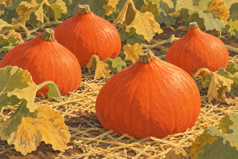 Reife Hokkaido-Kürbisse im Herbstbeet zwischen welkenden Blättern