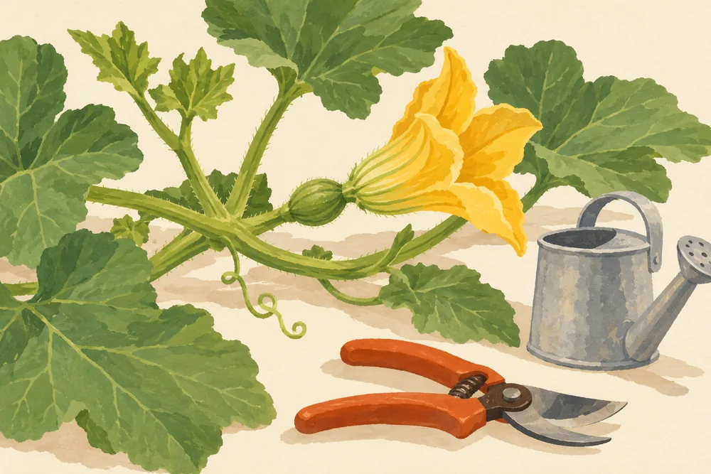 Kürbisranke mit Blüte und grünem Fruchtansatz, daneben Gartenschere und Gießkanne