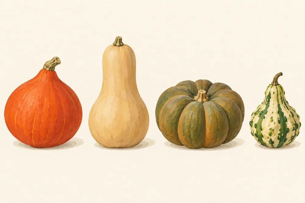 Vier Kürbissorten nebeneinander: Hokkaido, Butternut, Muskatkürbis und ein Zierkürbis