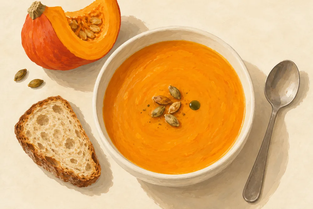 Schale mit cremiger orangefarbener Hokkaido-Suppe, Kürbiskernen, Brot und einem Stück Hokkaido