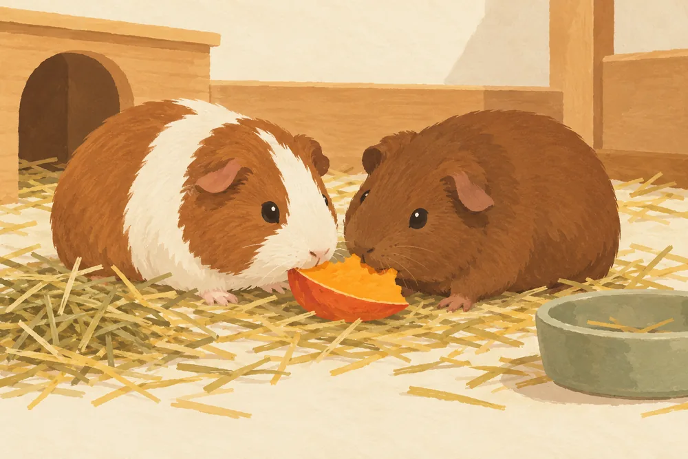 Zwei Meerschweinchen knabbern an einem Stück Hokkaido-Kürbis auf Heu